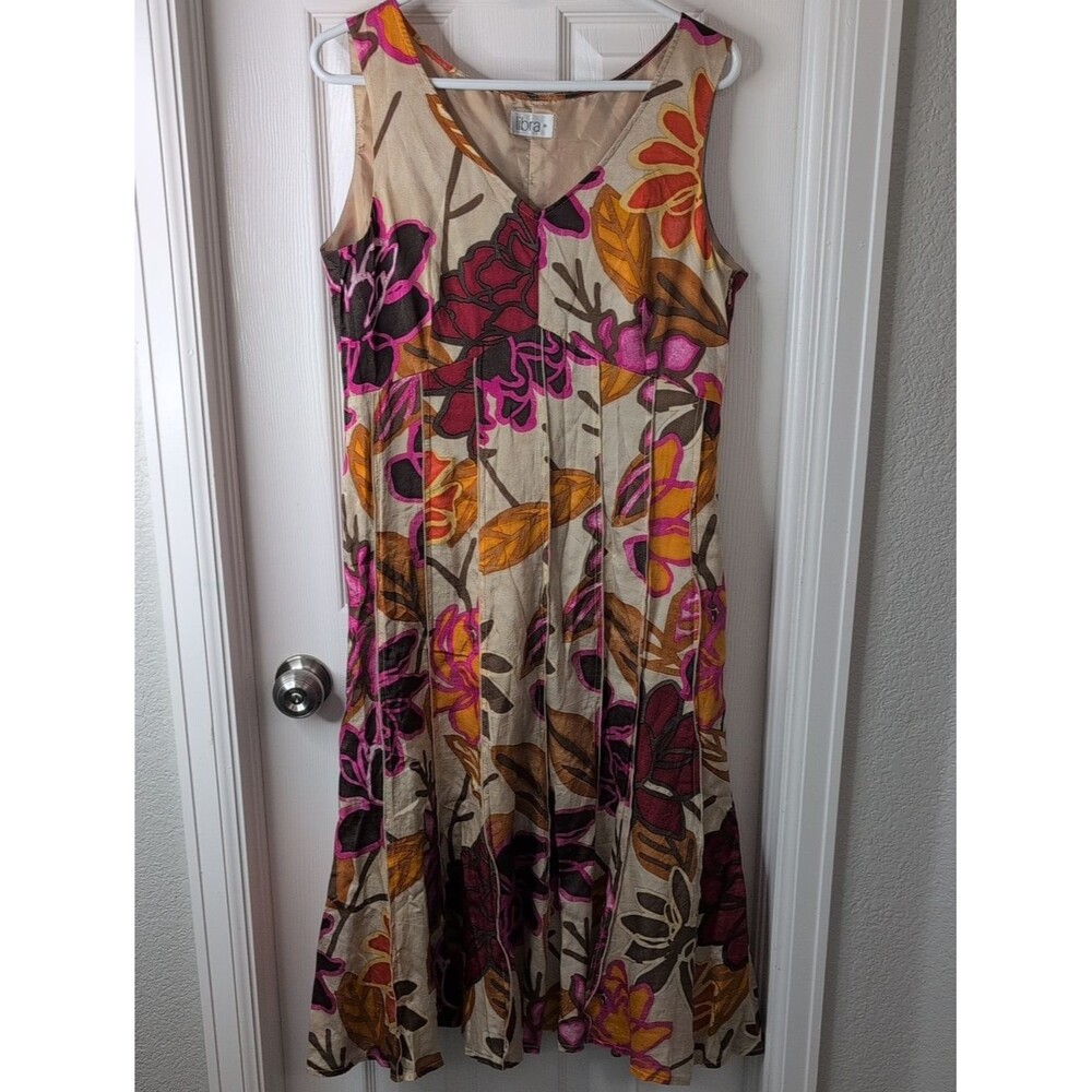Libra Floral V-Neck Maxi Dress in Beige with Pink & Orange Blooms Size 14